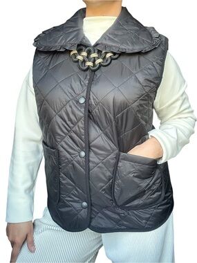 Via Vitale Italy Black Quilted Vest Oversized Collar Snap Front Size M